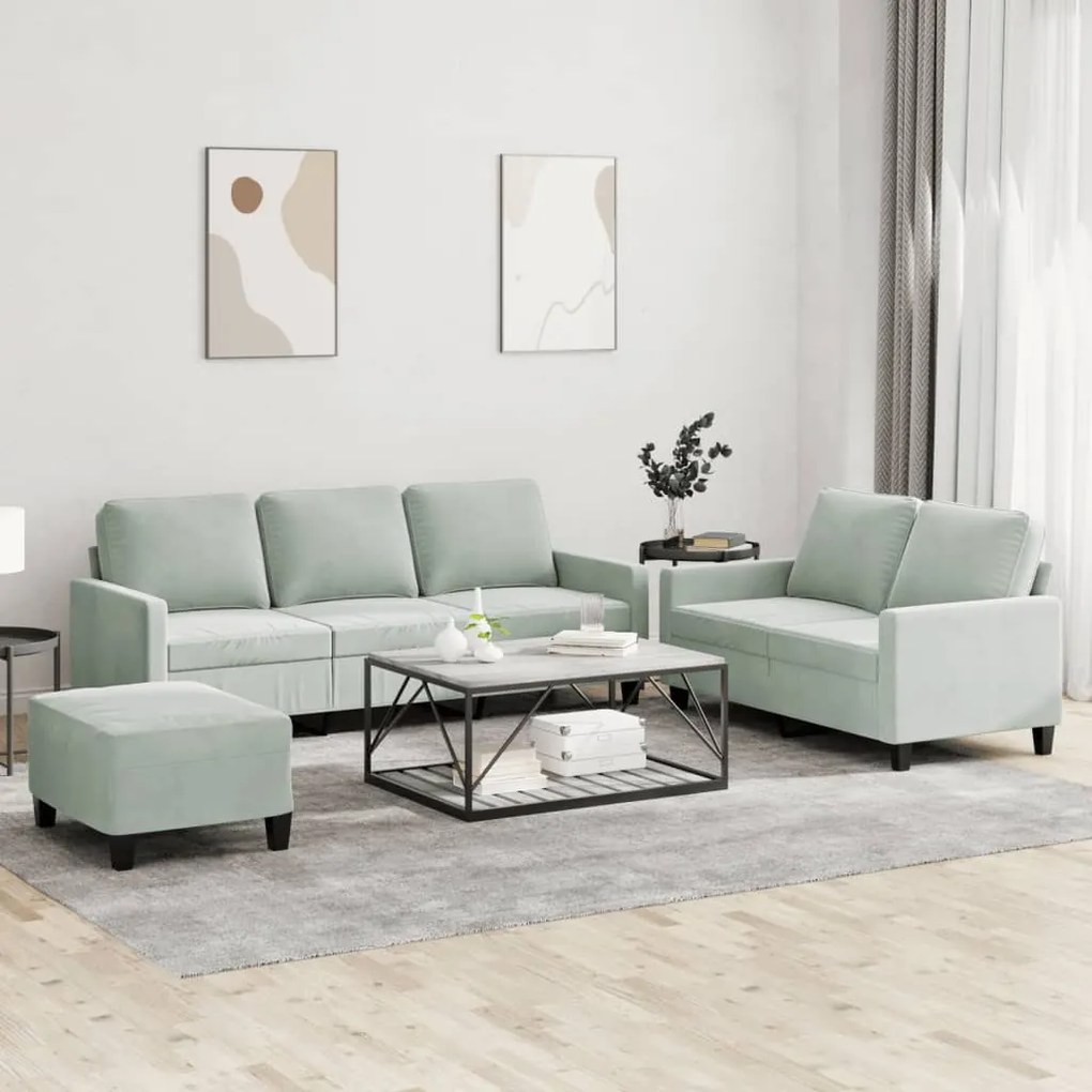 3 pcs conjunto de sofás com almofadões veludo cinzento-claro