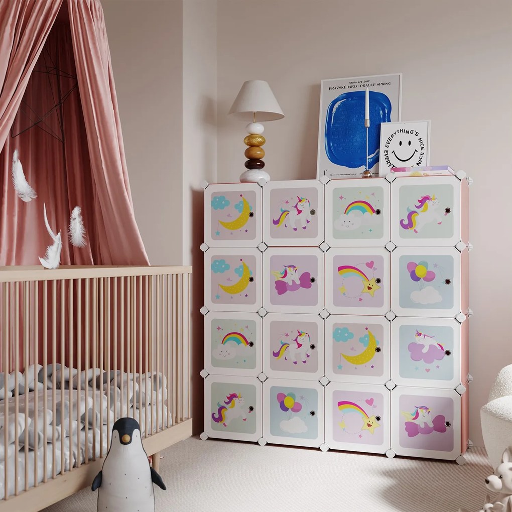 Estante infantil com 16 cubos om portas 123 x 31 x 123 cm rosa