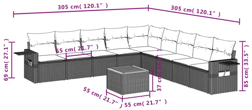 10 pcs conjunto de sofás p/ jardim com almofadões vime PE bege