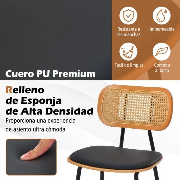 Conjunto de 2 bancos de bar em rattan com encosto e pernas em metal (MESA NÃO INCLUIDA) 45 x 45 x 94 cm Preto + Natural