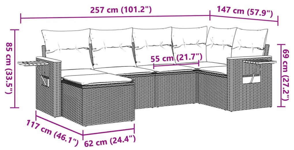 6 pcs conjunto de sofás p/ jardim com almofadões vime PE bege