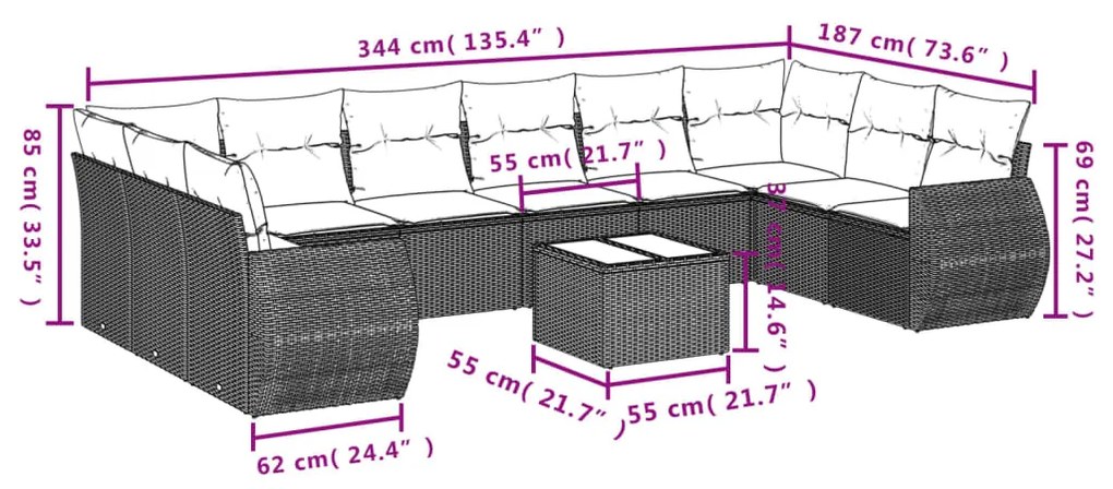 10 pcs conj. sofás jardim com almofadões vime PE cinzento-claro