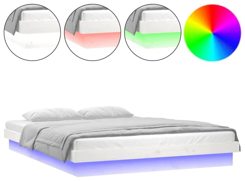 Estrutura de cama c/ LED casal 135x190 cm madeira maciça branco