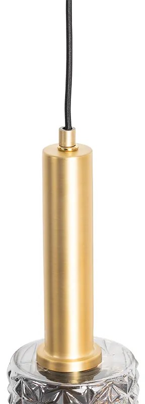 Candeeiro de suspensão dourado com vidro fumê oblongo 5 luzes - Elva Art Deco