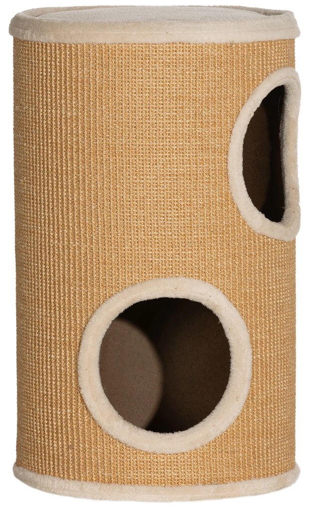 PawHut Barril Arranhador para Gatos de 2 Andares Arranhador para Gatos com 2 Cavernas e Cobertura de Sisal Ø35x60 cm Marrom | Aosom Portugal