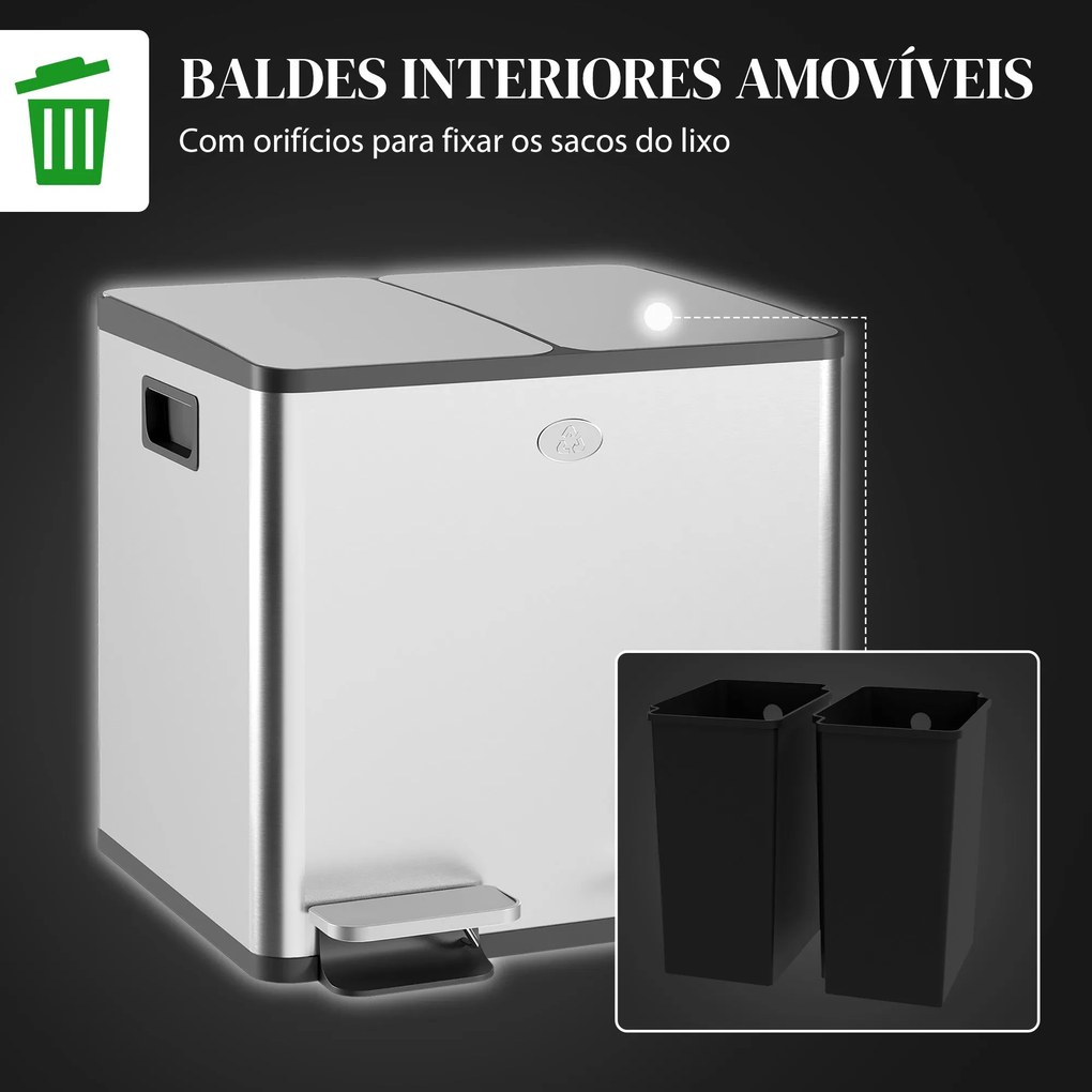 HOMCOM Balde de Lixo de Cozinha com 2 Compartimentos 2x15L Cubo de Lix