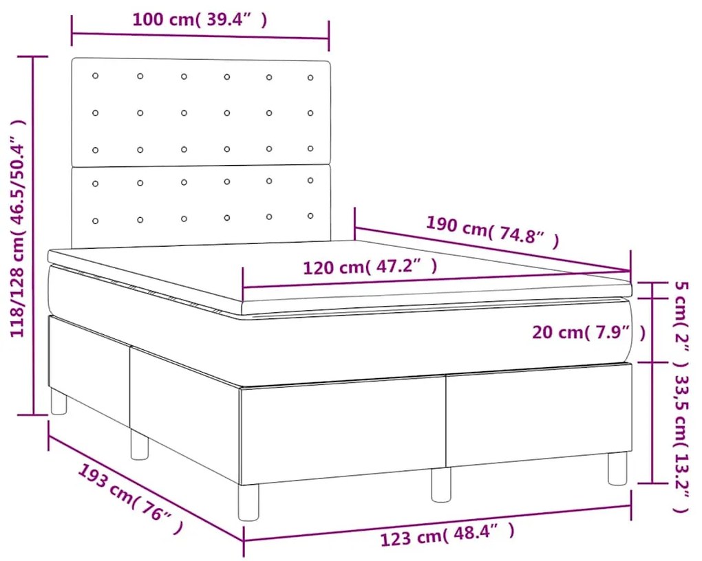 Cama box spring colchão LED 120x190cm couro artif. azul-escuro