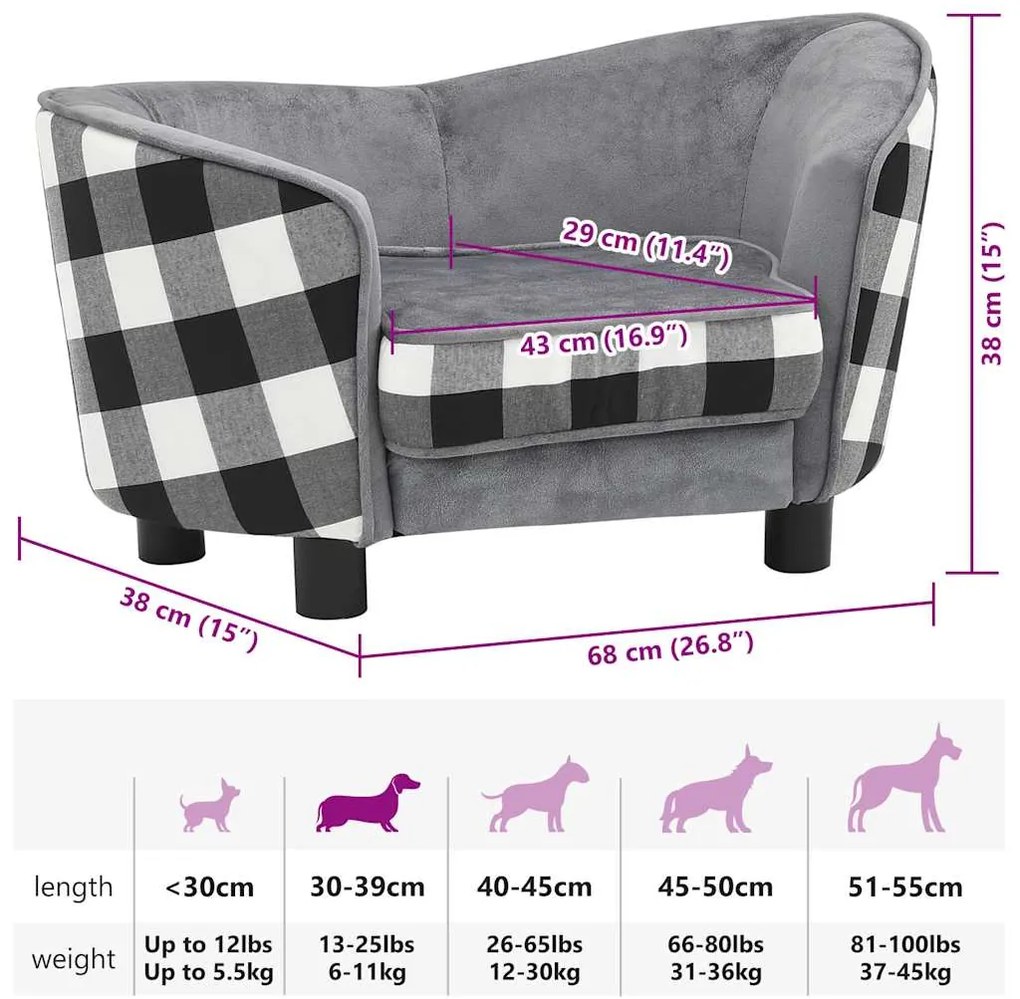 Sofá para cães 68x38x38 cm pelúcia cinzento