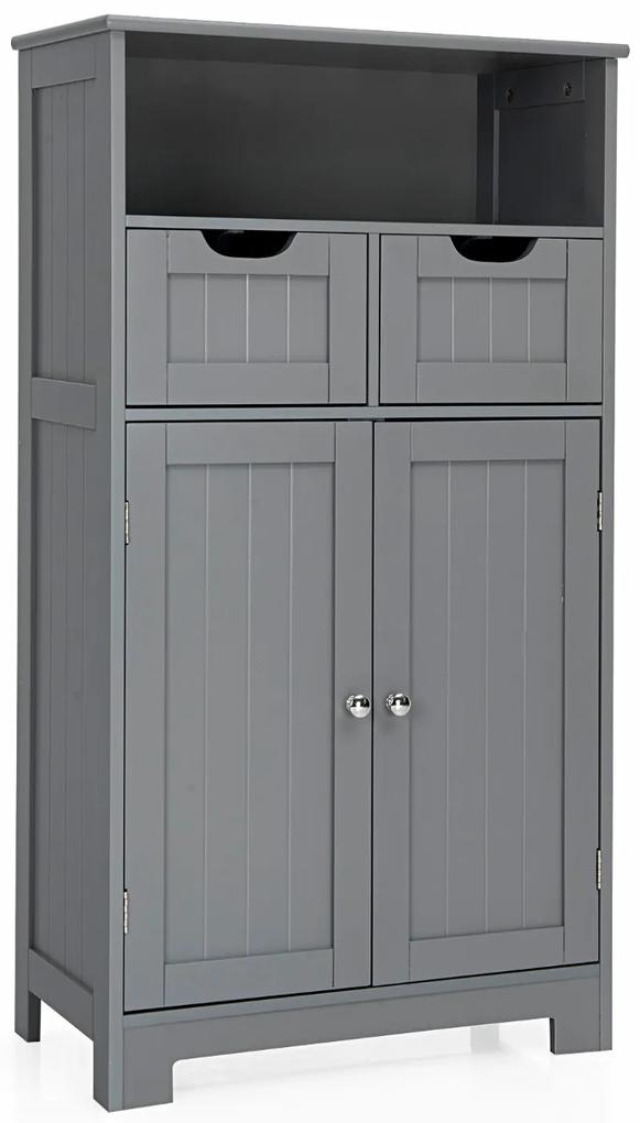 Armário de casa de banho com prateleira aberta 2 portas e 2 gavetas para sala de estar Casa de banho 60 x 30 x 109 cm Cinzento