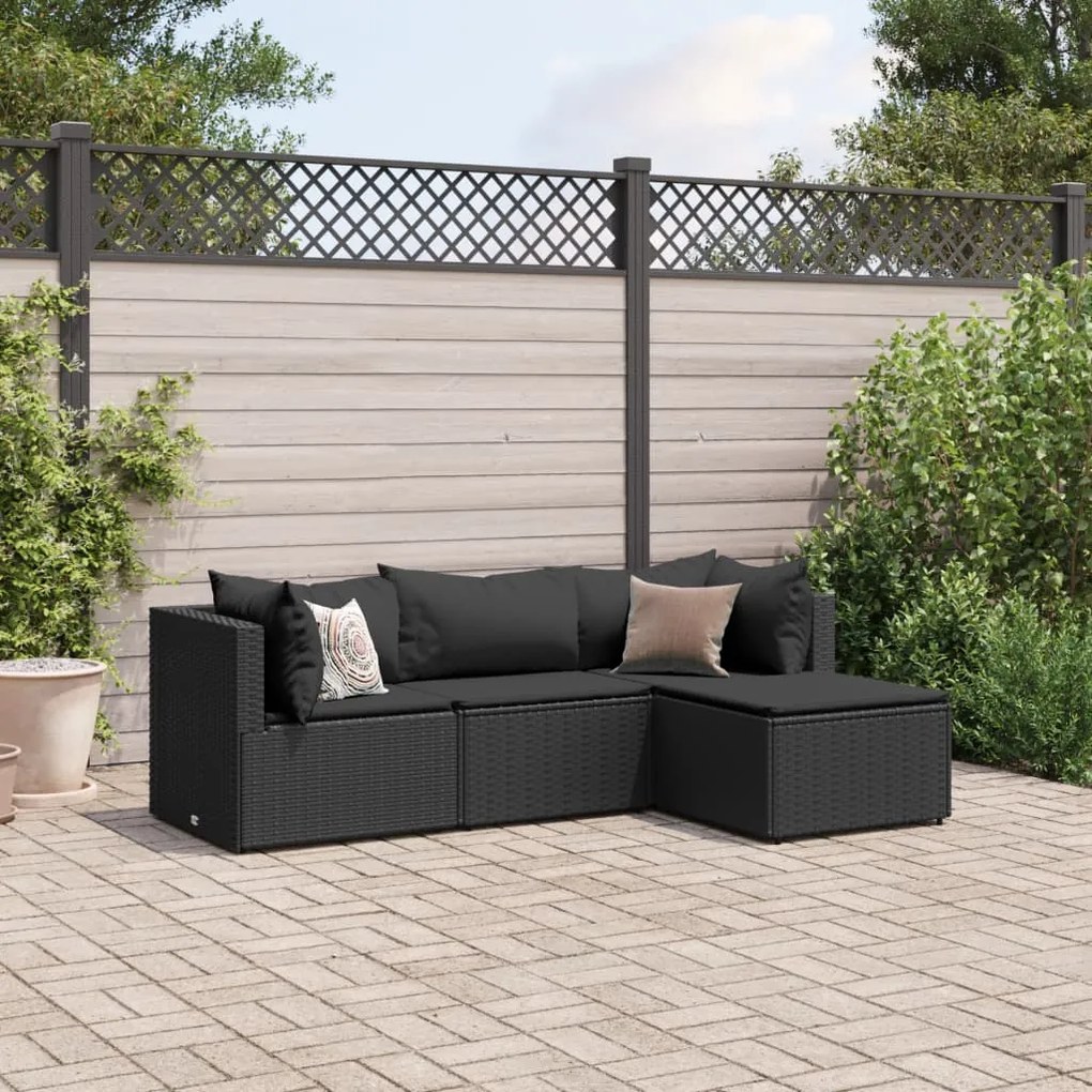 4 pcs conjunto lounge de jardim c/ almofadões vime PE preto