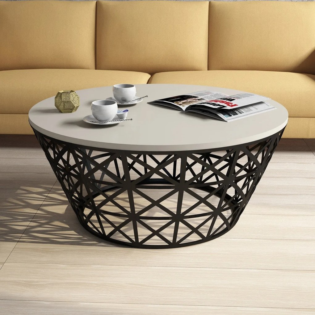 Mesa de Centro Stil Metal Ferforje – Creme/Preto – 90x90x38 cm