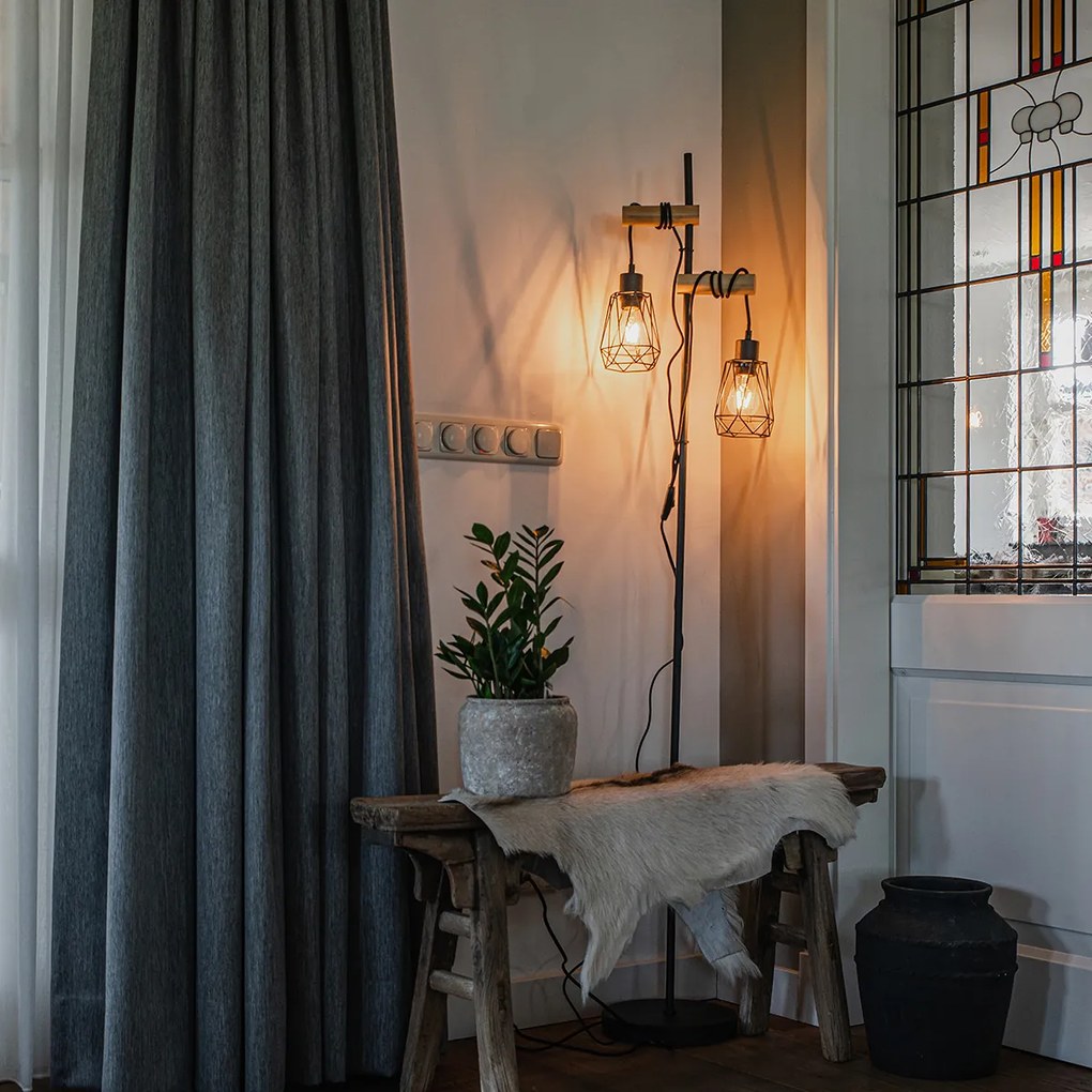 Candeeiro de pé rústico preto com madeira 2-luzes com cúpula - Dami Frame