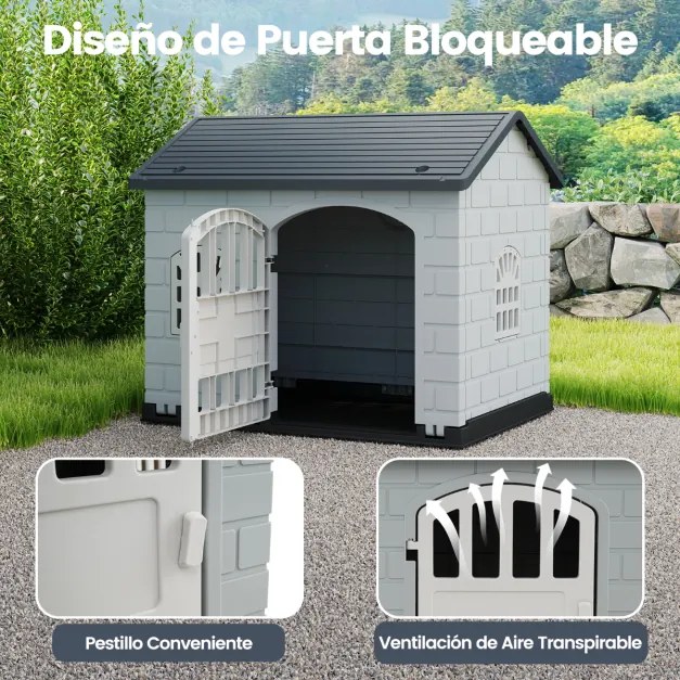 Casota de plástico para cães com 3 janelas e porta com fechadura, telhado inclinado, para interior e exterior, 75 x 58 x 65 cm, Cinzento