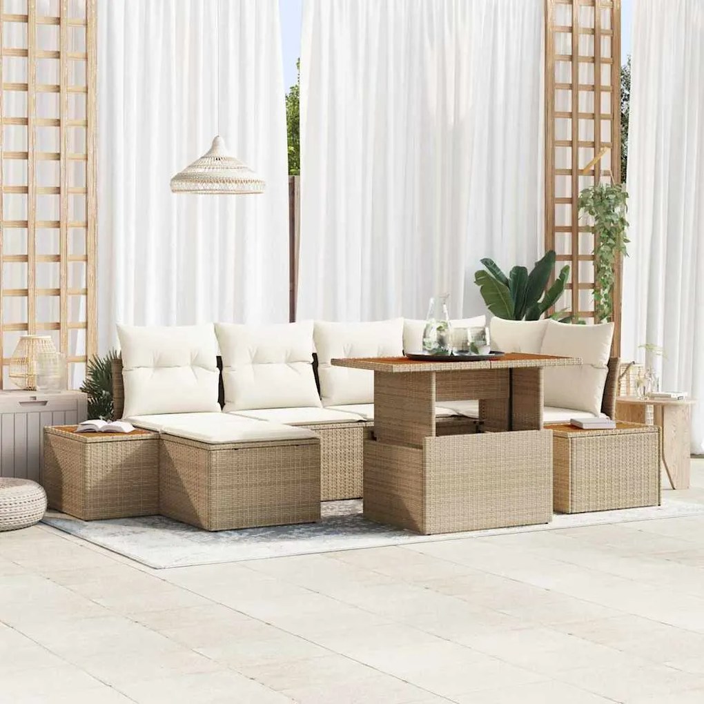 vidaXL Conjunto de Jantar de Jardim com 7 Peças e Almofadas Beiges em Rattan Sintético e Acácia.