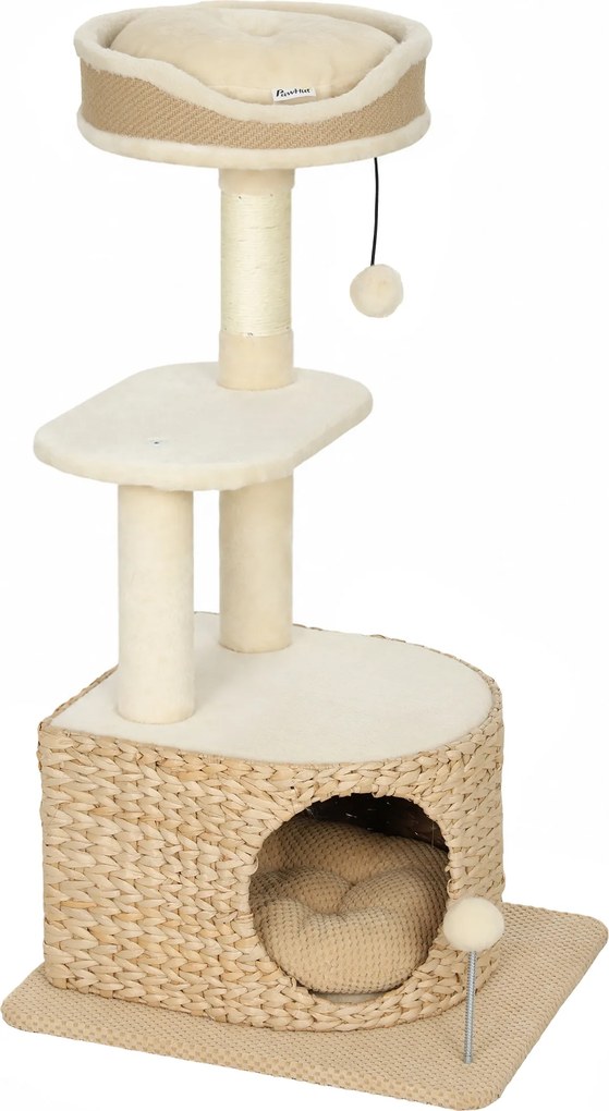 PawHut Árvore para Gatos Design Moderno Estilo Trançado com Arranhador 4 Níveis Toca em Junco Poleiro em Juta 87 cm Bege | Aosom Portugal