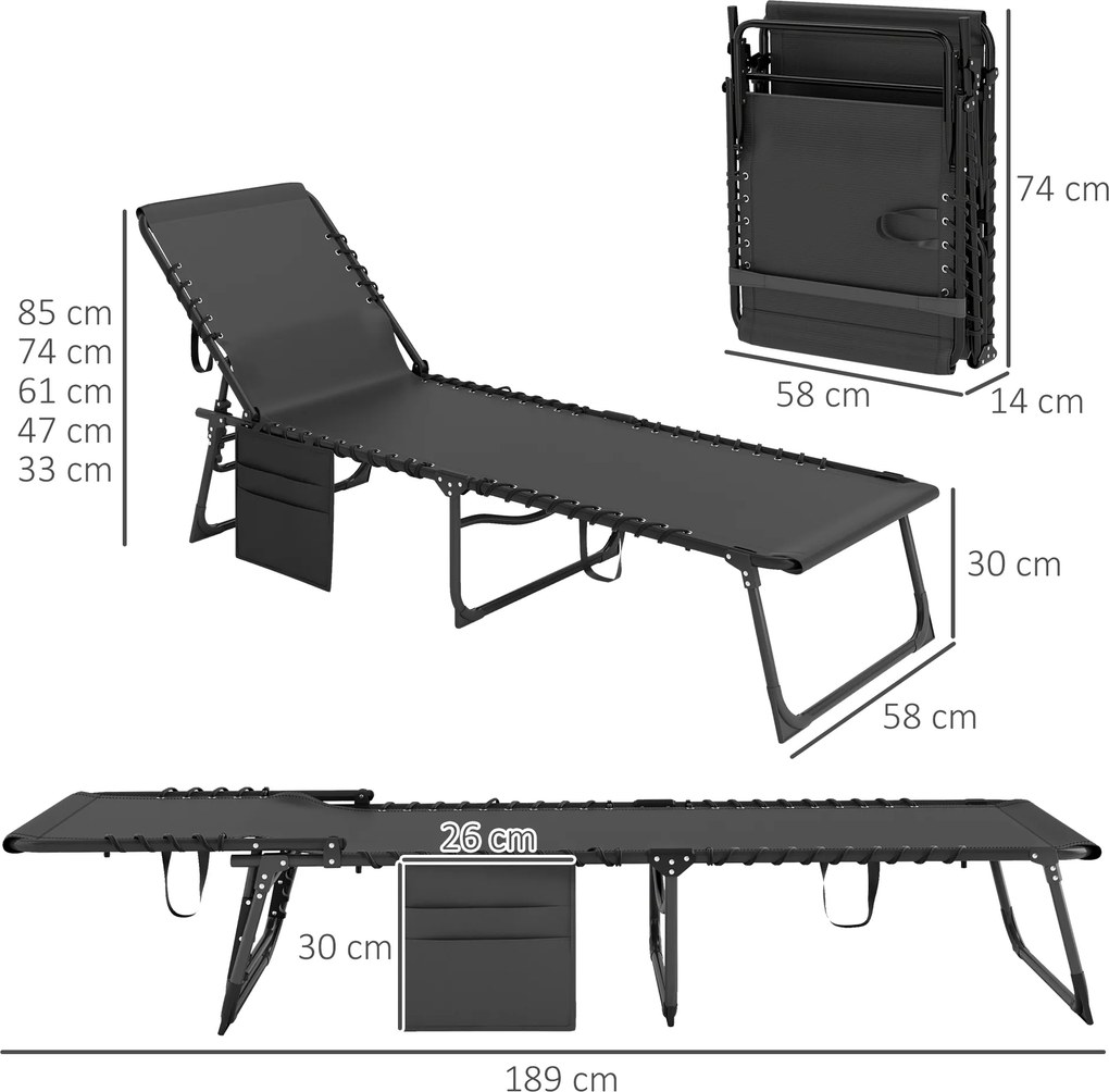 Espreguiçadeira dobrável com almofada para a cabeça, bolso lateral e encosto reclinável, 58 x 189 x 32,5 cm, preta