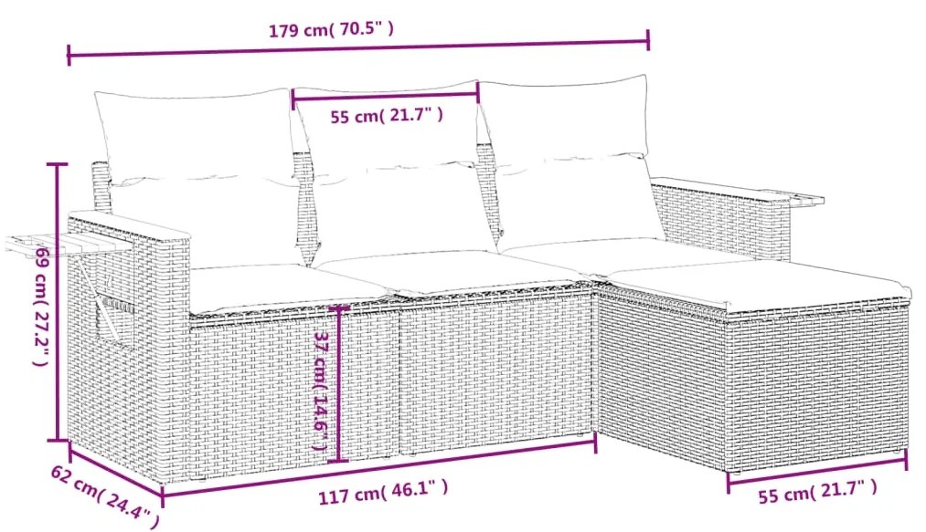 4 pcs conjunto sofás de jardim c/ almofadões vime PE cinzento