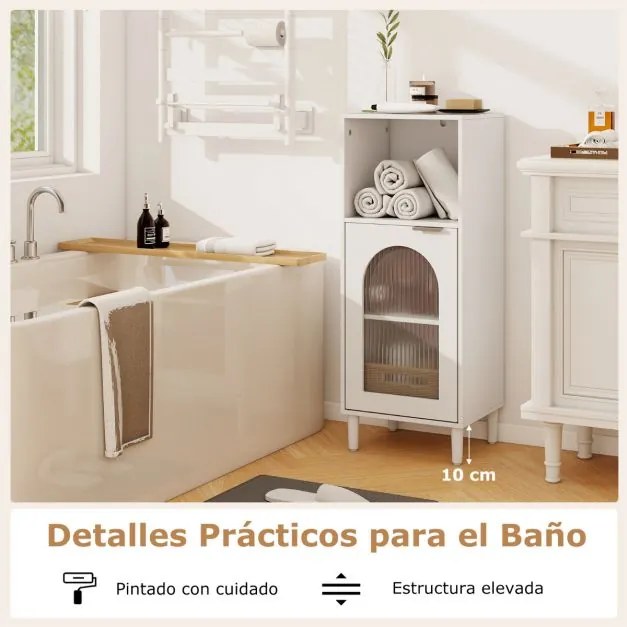 Armário de banho estreito 35 x 30 x 90 cm com compartimento aberto e porta de vidro com prateleira ajustável Branco