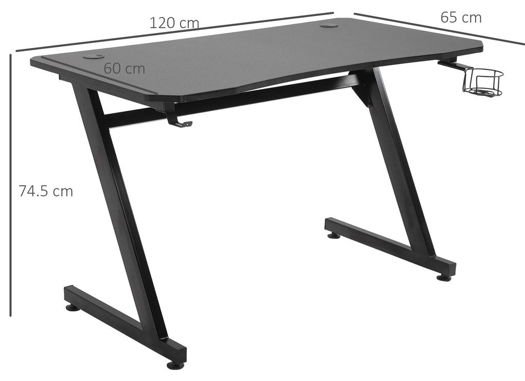 Secretária tipo gaming mesa de escritório com suporte para copos gancho e pés ajustáveis 120x65x74,5 cm preto