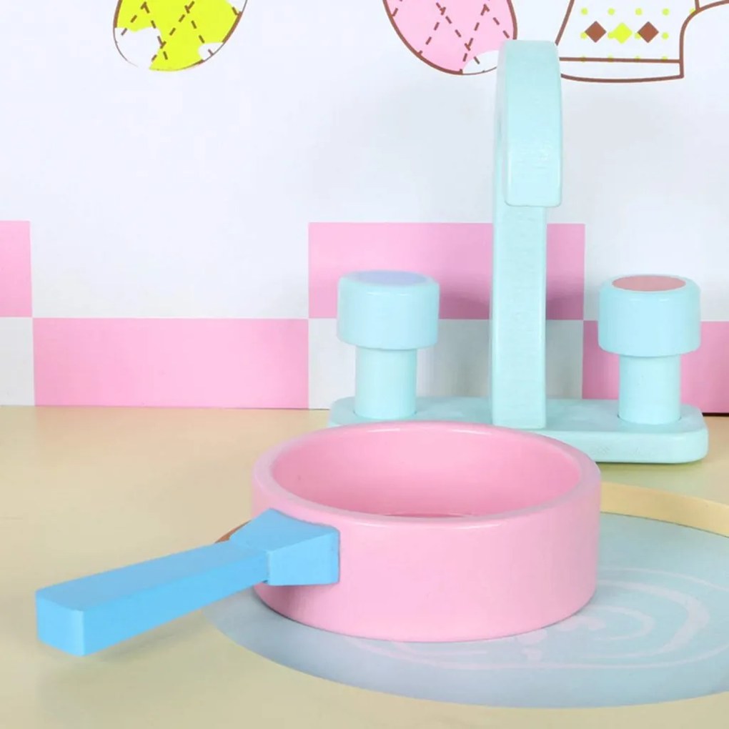 Cozinha de brincar de madeira rosa com frigorifico