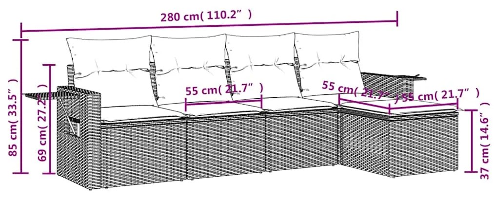 5 pcs conj. sofás jardim c/ almofadões vime PE cinzento-claro
