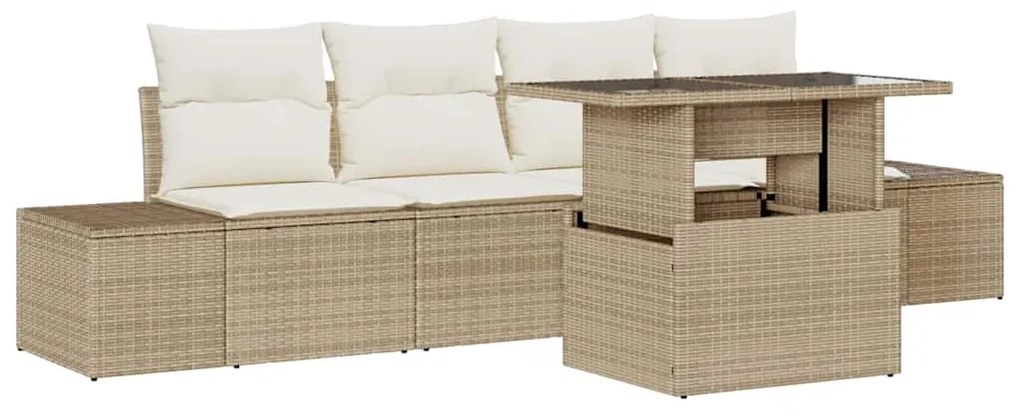Conjunto de Sofá de Jardim 5 Peças com Almofadas Bege em Rattan Sintét