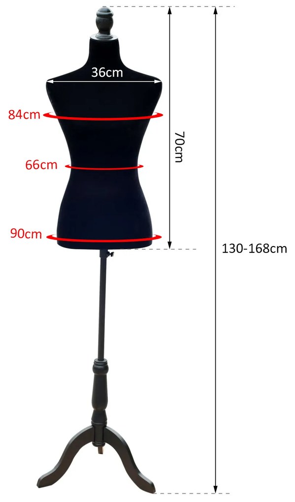 Manequim Feminino de Costura Busto de Senhora para Modistas Exibição Negro Altura Ajustável a 130-168cm