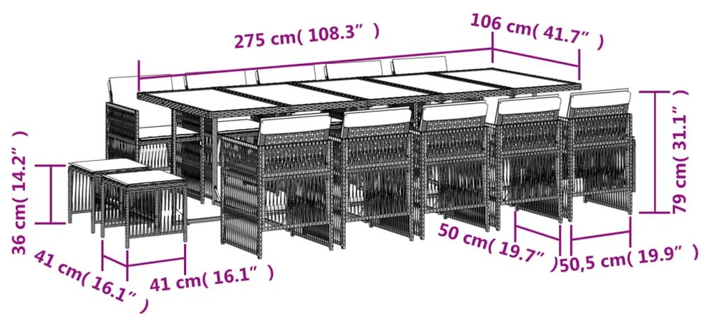 15 pcs conjunto de jantar p/ jardim com almofadões vime PE bege