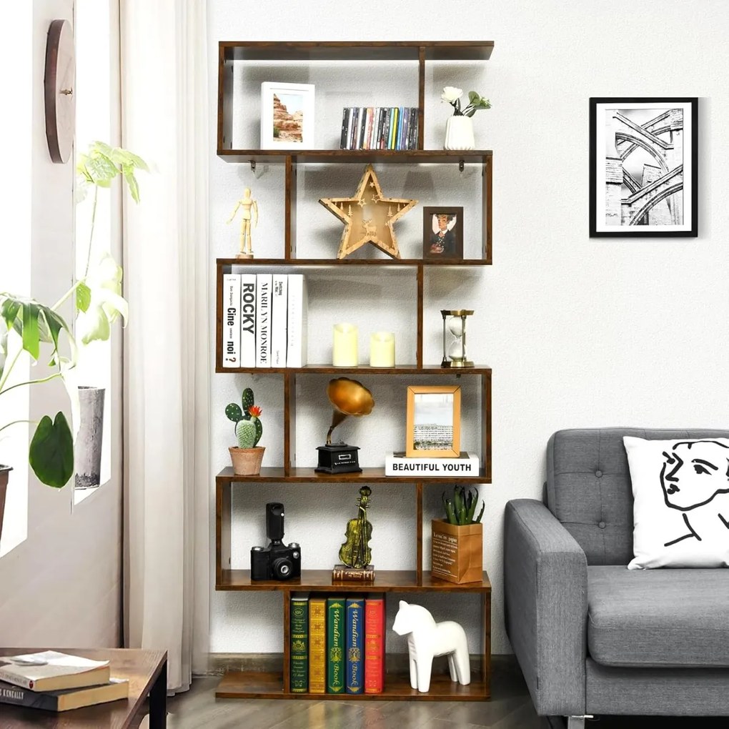 Estante decorativa em forma de S  80 x 23 x 191 cm com 6 prateleiras de madeira multifuncional para sala, quarto ou escritório Café