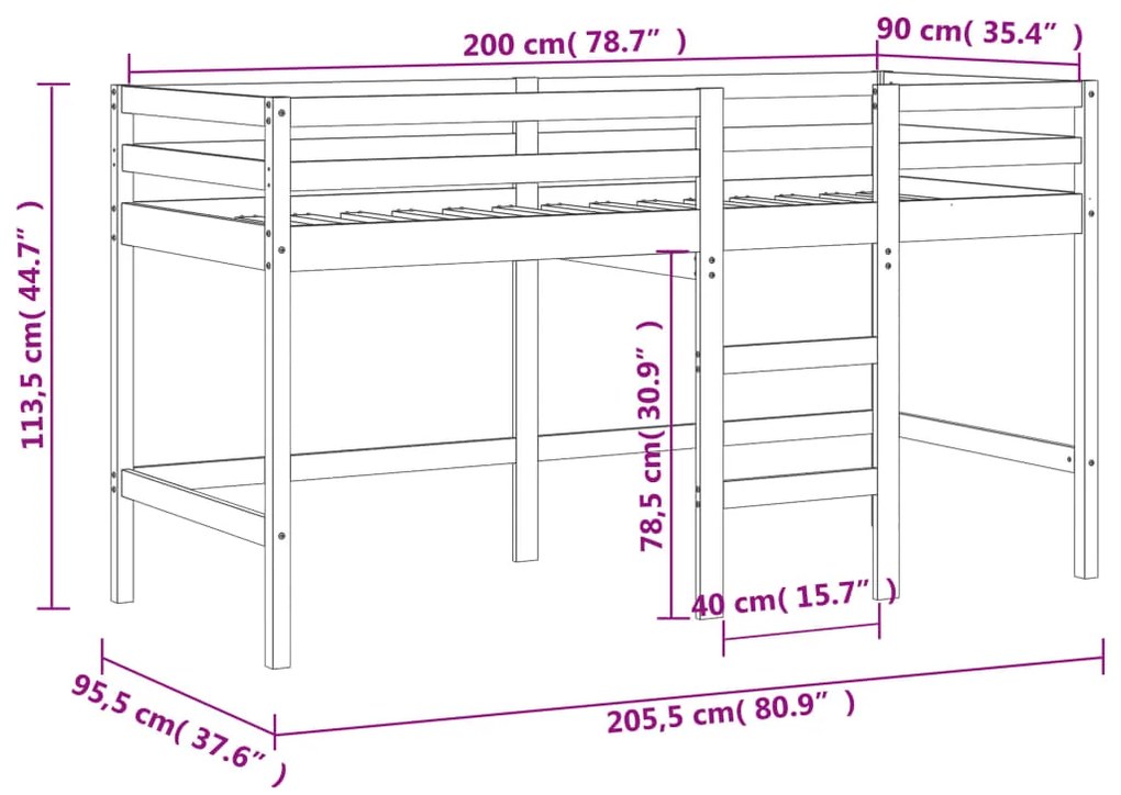 Cama alta p/ criança c/ escada 90x200 cm pinho maciço preto