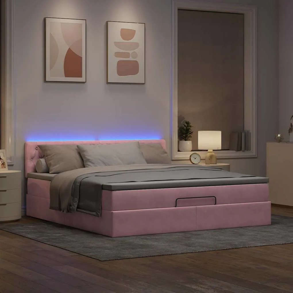 Cama otomana com colchão &amp; LEDs 180x200cm veludo rosa