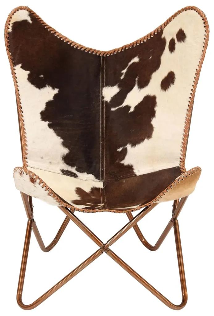 Cadeira borboleta em couro de cabra genuíno castanho e branco