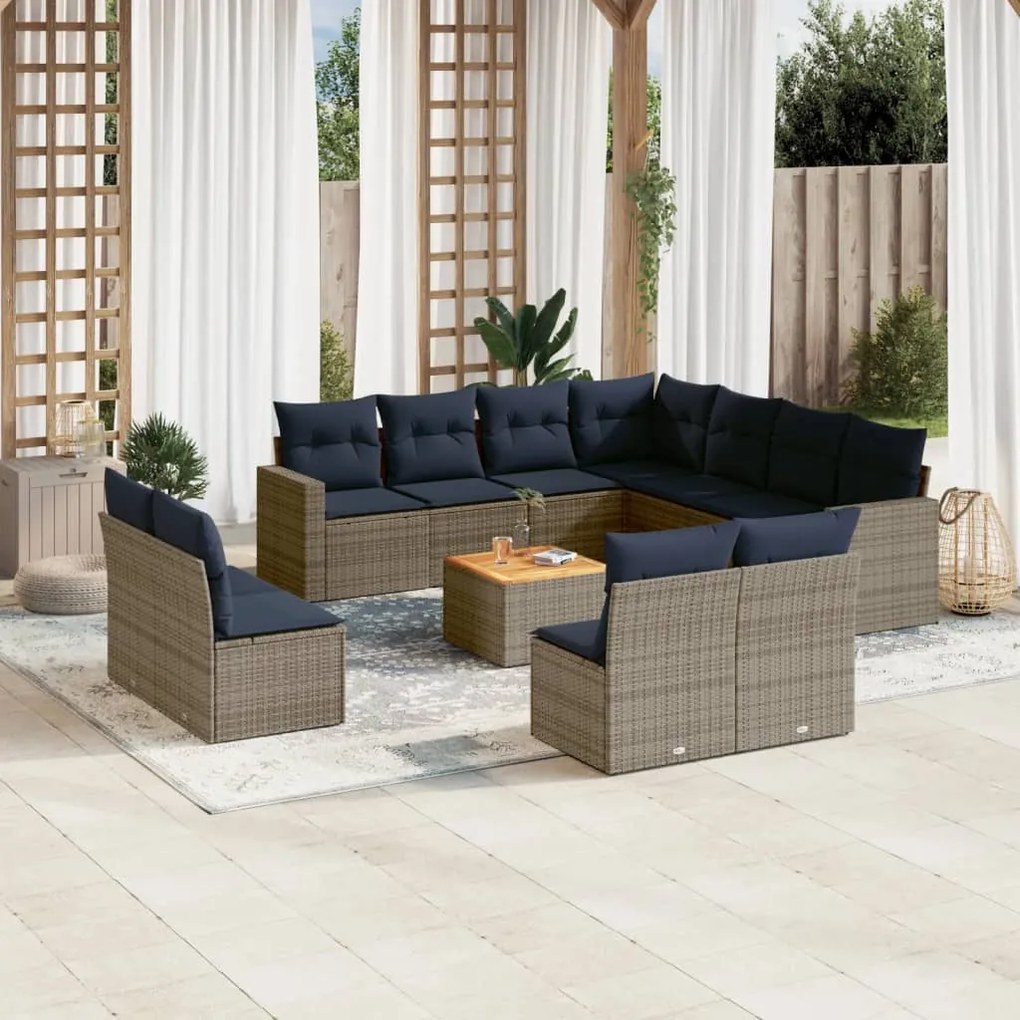 12 pcs conjunto sofás p/ jardim c/ almofadões vime PE cinzento