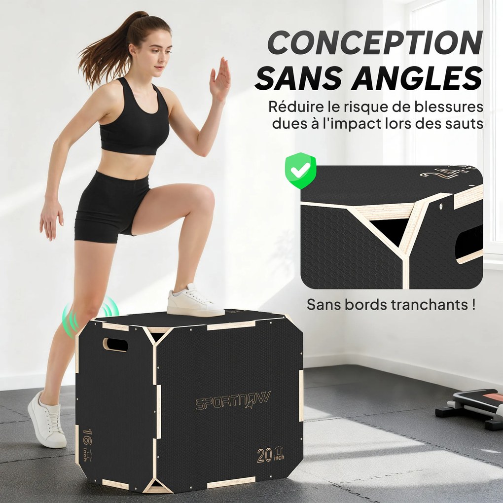 Caixa pliométrica 3 em 1 em madeira para treino de saltos, antiderrapante e sem cantos, preta