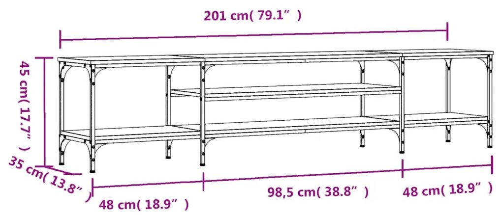 Móvel de TV 201x35x45cm derivados de madeira/ferro cinzento sonoma