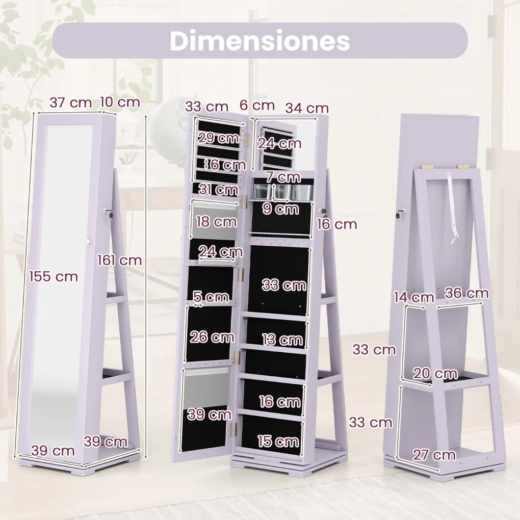 Armário para joias giratório em 360° com espelho inteiro com espelho para maquilhagem 39 x 39 x 161 cm Púrpura