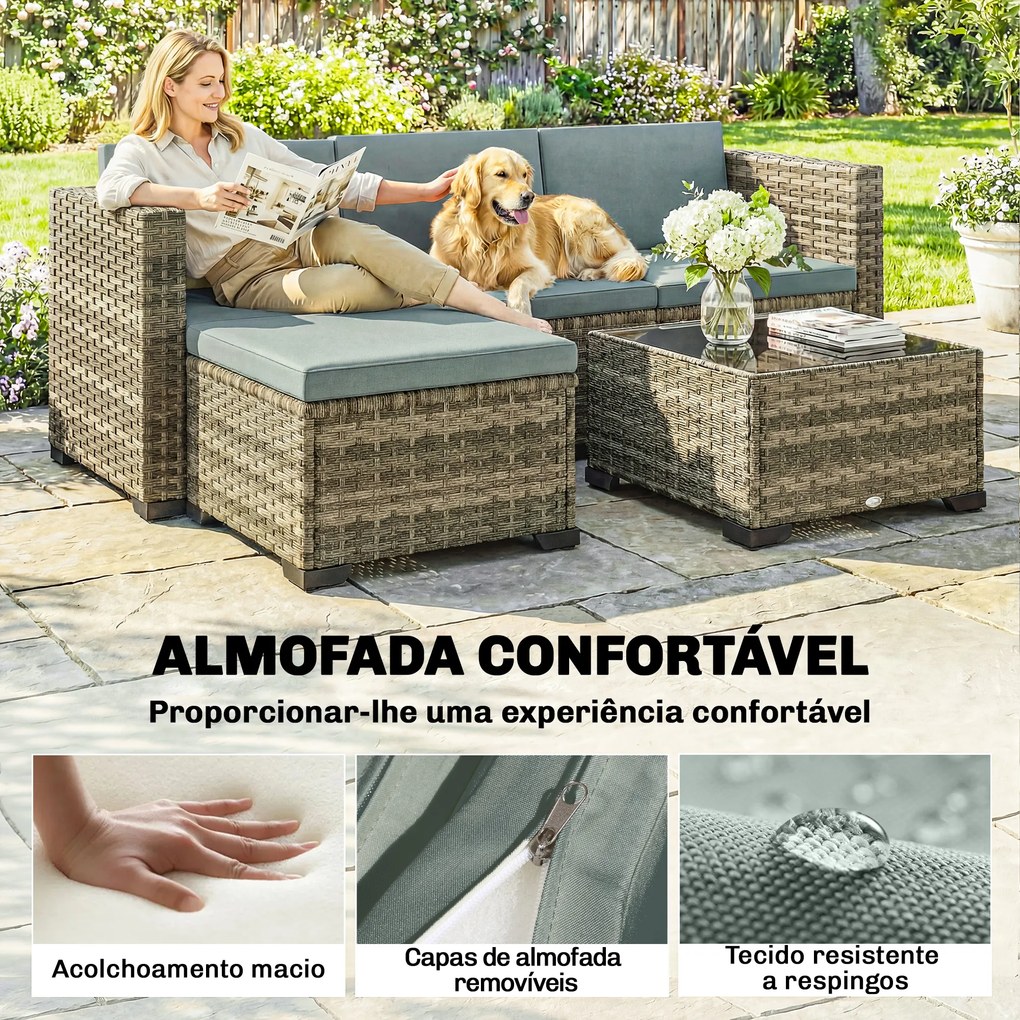 Conjunto de Jardim em Vime de 5 Peças Inclui Almofadas 2 Poltronas de Canto Poltrona sem Braços Apoia-Pés e Mesa de Centro Cinza Claro