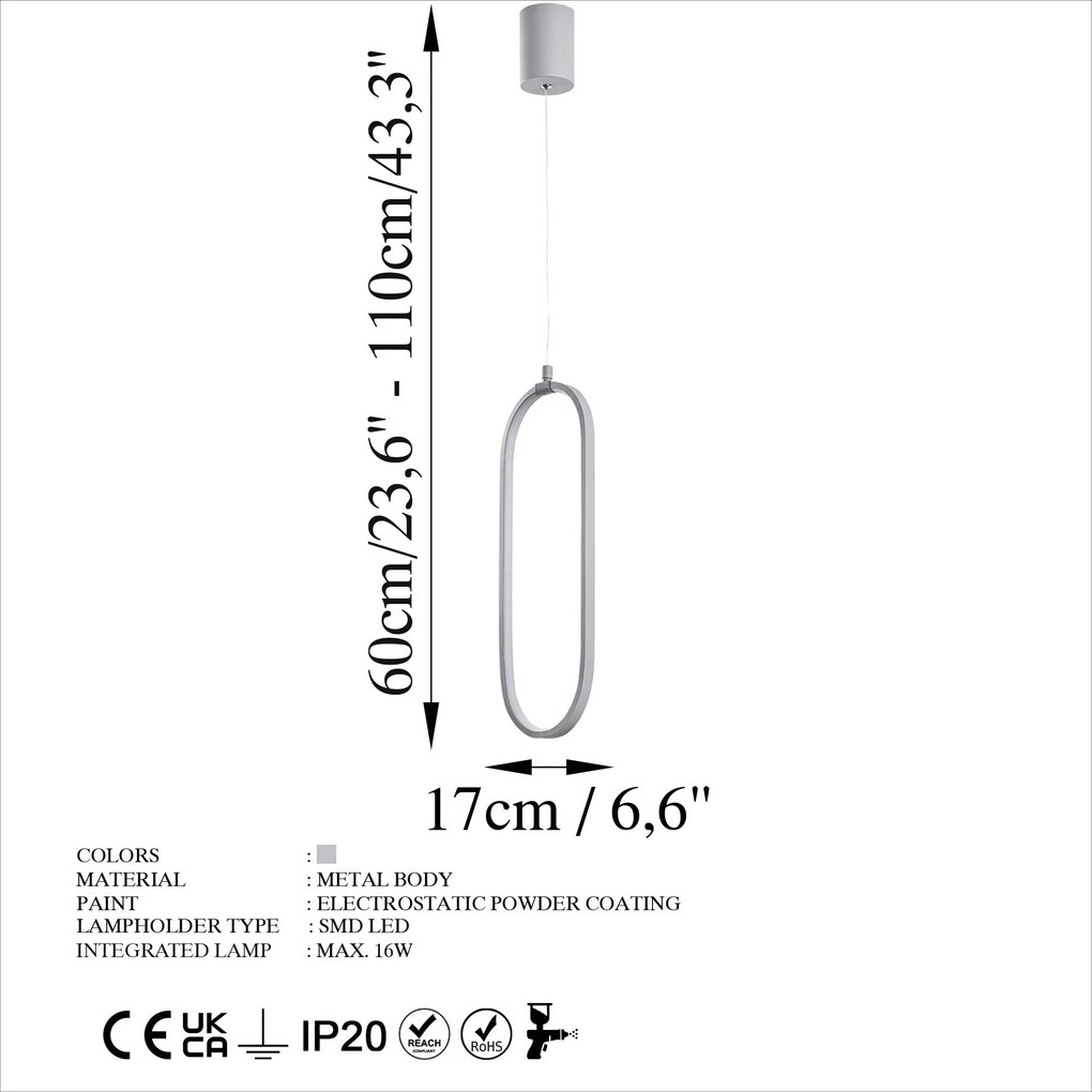 Candeeiro de Teto Can – Cinzento – 17 x 60-110 x 10 cm