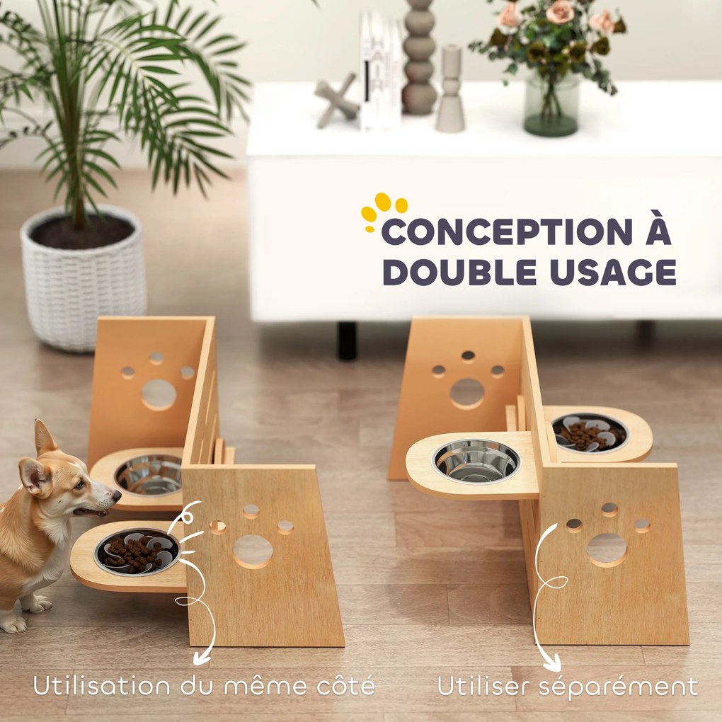 Comedouro elevado para cães com 3 alturas ajustáveis 63 x 58,5 x 40 cm, comedouro para cães com 2 tigelas em aço inoxidável, em cor carvalho