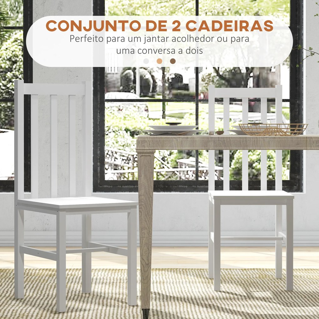 Conjunto de 2 Cadeiras de Sala de Jantar com Encosto de Ripas Estrutura de Madeira de Pinho 38,5x47,5x99 cm Branco