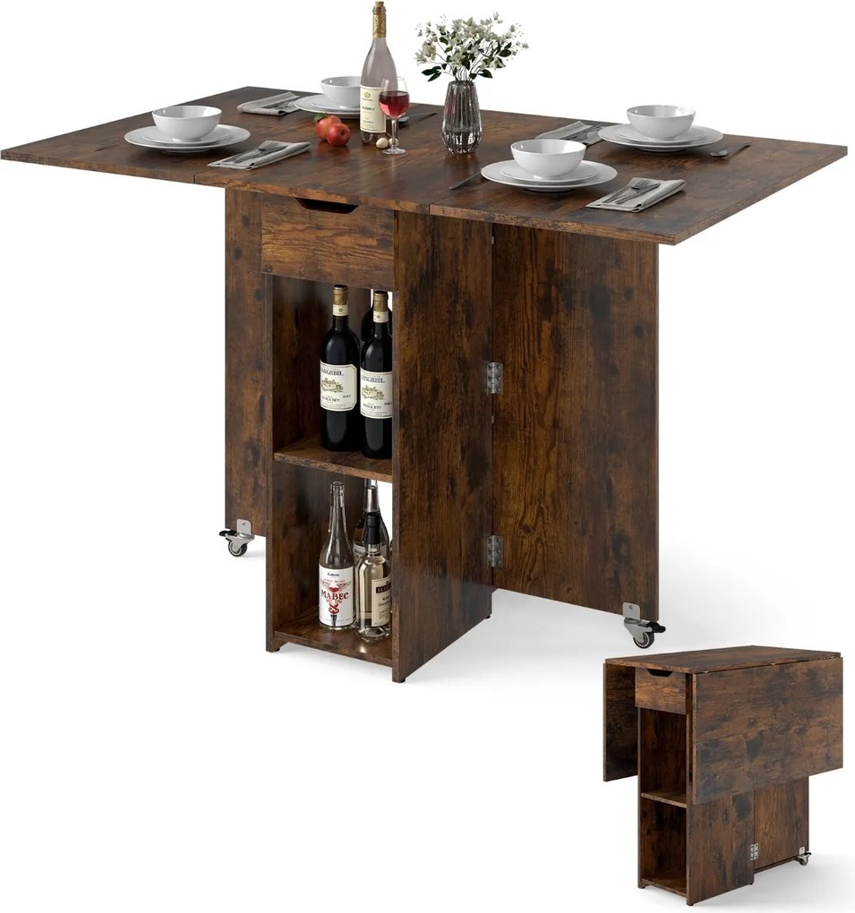 Mesa de jantar extensível 120 x 72 x 75 cm com 2 rodas; mesa de cozinha dobrável com prateleira, gaveta de 2 compartimentos e abas rebatíveis Castanha