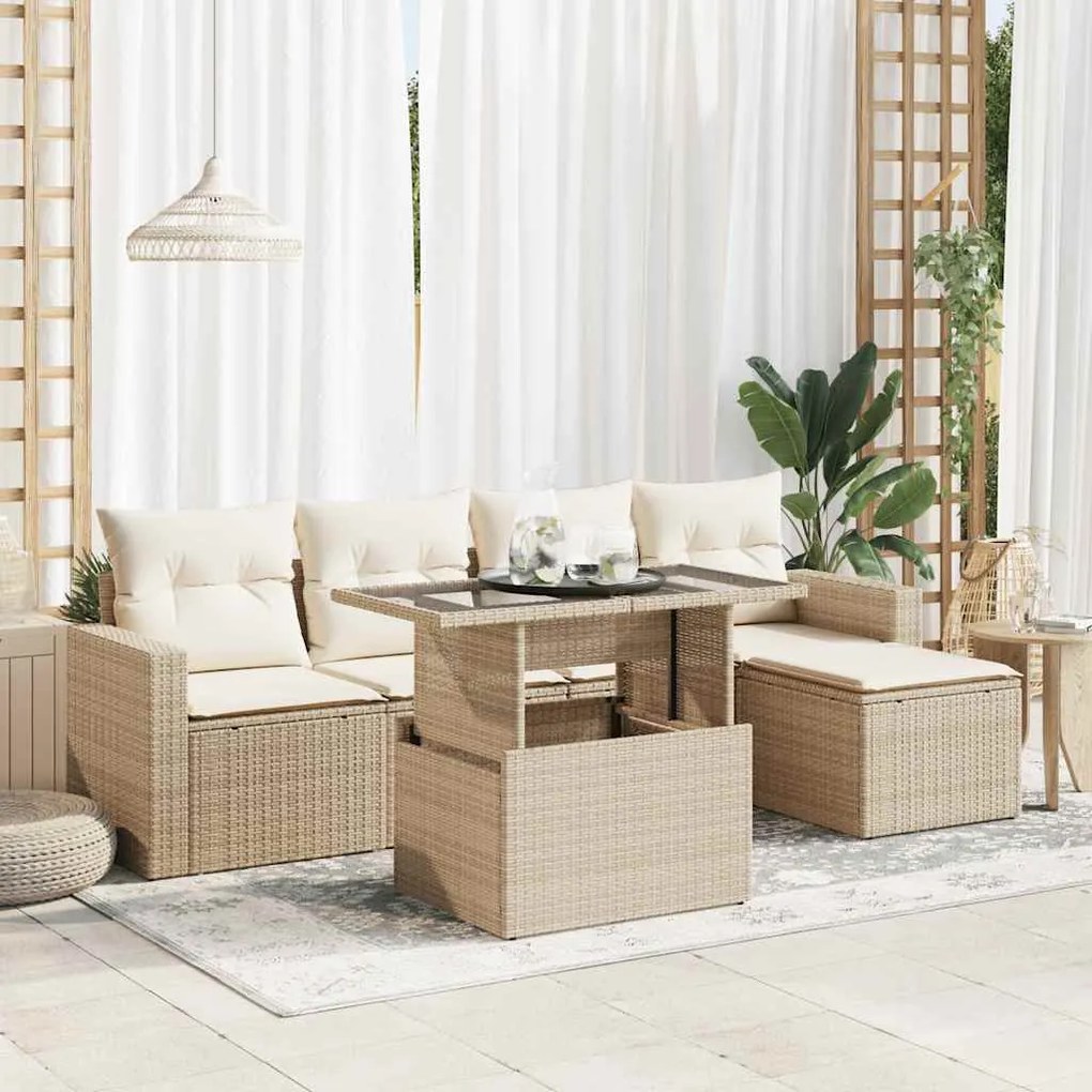 vidaXL 6 pcs conjunto de sofás p/ jardim com almofadões vime PE bege