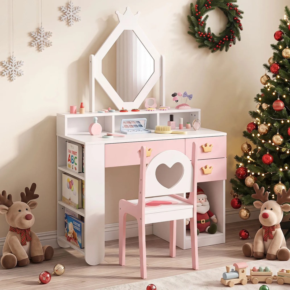 Conjunto de Toucador Infantil com Espelho e Cadeira, 80 x 40 x 130 cm, Espaço de Arrumação Ajustável, Branco