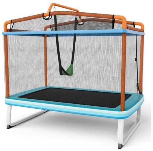 Trampolim retangular infantil 3 em 1 de 190 cm com rede de proteção e barra horizontal - amarelo