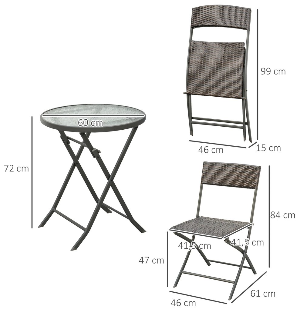 Conjunto de Mesa e 2 Cadeiras Móveis Ratan para Jardim Dobrável Estrutura Aço - 61x46x84cm Castanho