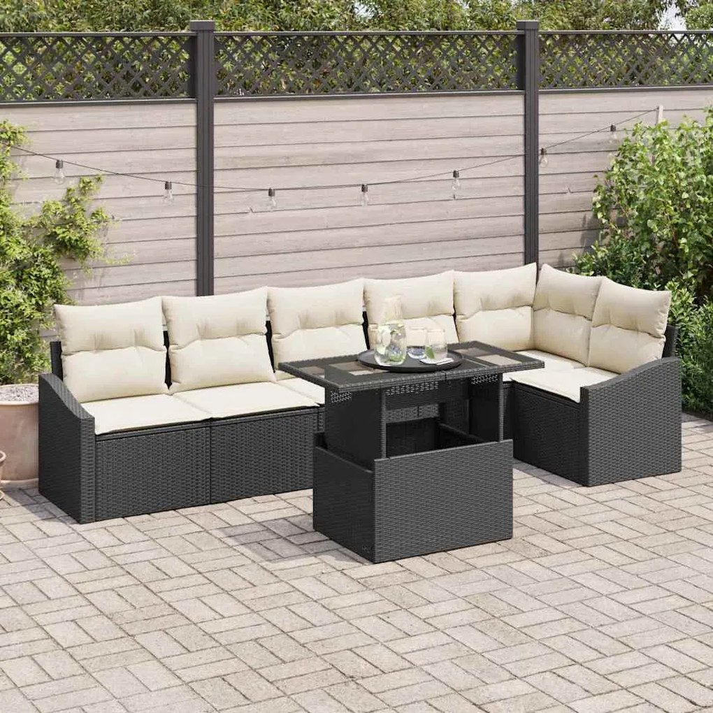 vidaXL Sofá de Jardim Modular de 7 Peças com Almofadas Rattan Preto