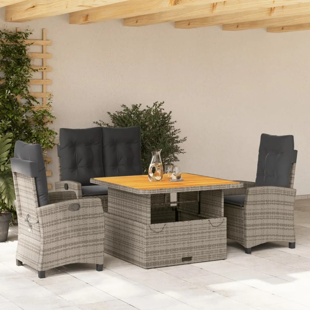 vidaXL 4 pcs conjunto de jantar p/ jardim c/ almofadões vime PE cinza