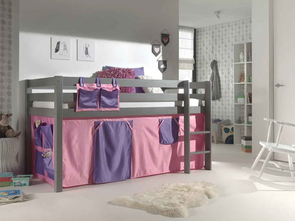 Cama alta de Criança PINO 90 x 200 cm + estrado + escada + cortina BELLA Cinzenta