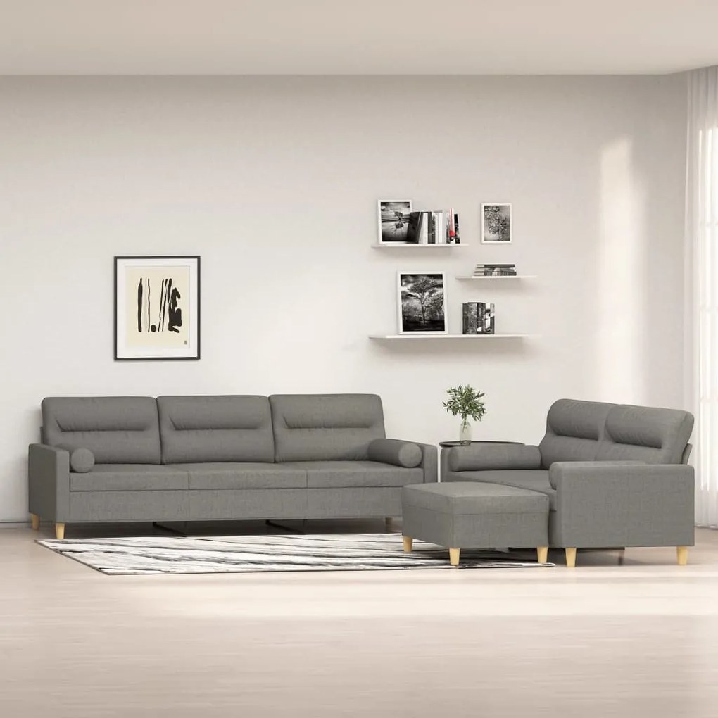 vidaXL 3 pcs conjunto de sofás c/ almofadões tecido cinza-escuro