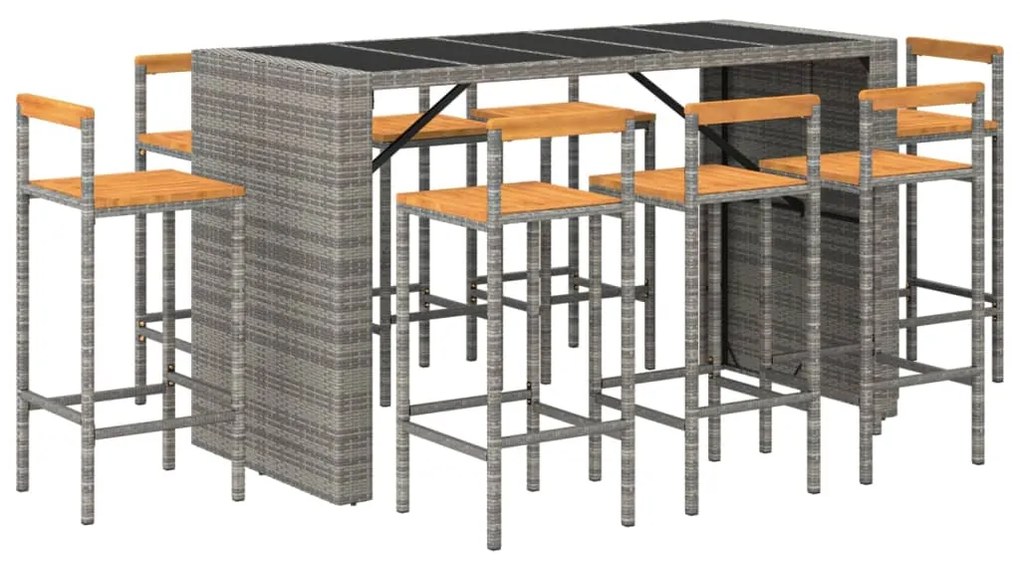 9 pcs conjunto de bar p/ jardim vime PE/acácia maciça cinzento